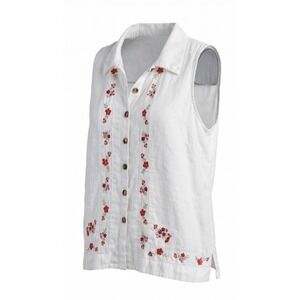 VTG Kikai Comfort 100% Linen Embroidered Floral Tank Top Shirt White Boho Med